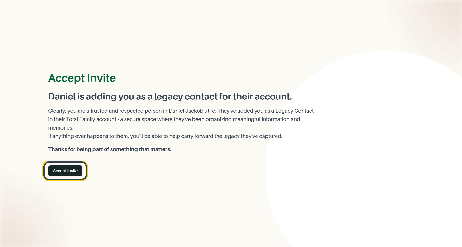 The Accept Invite page