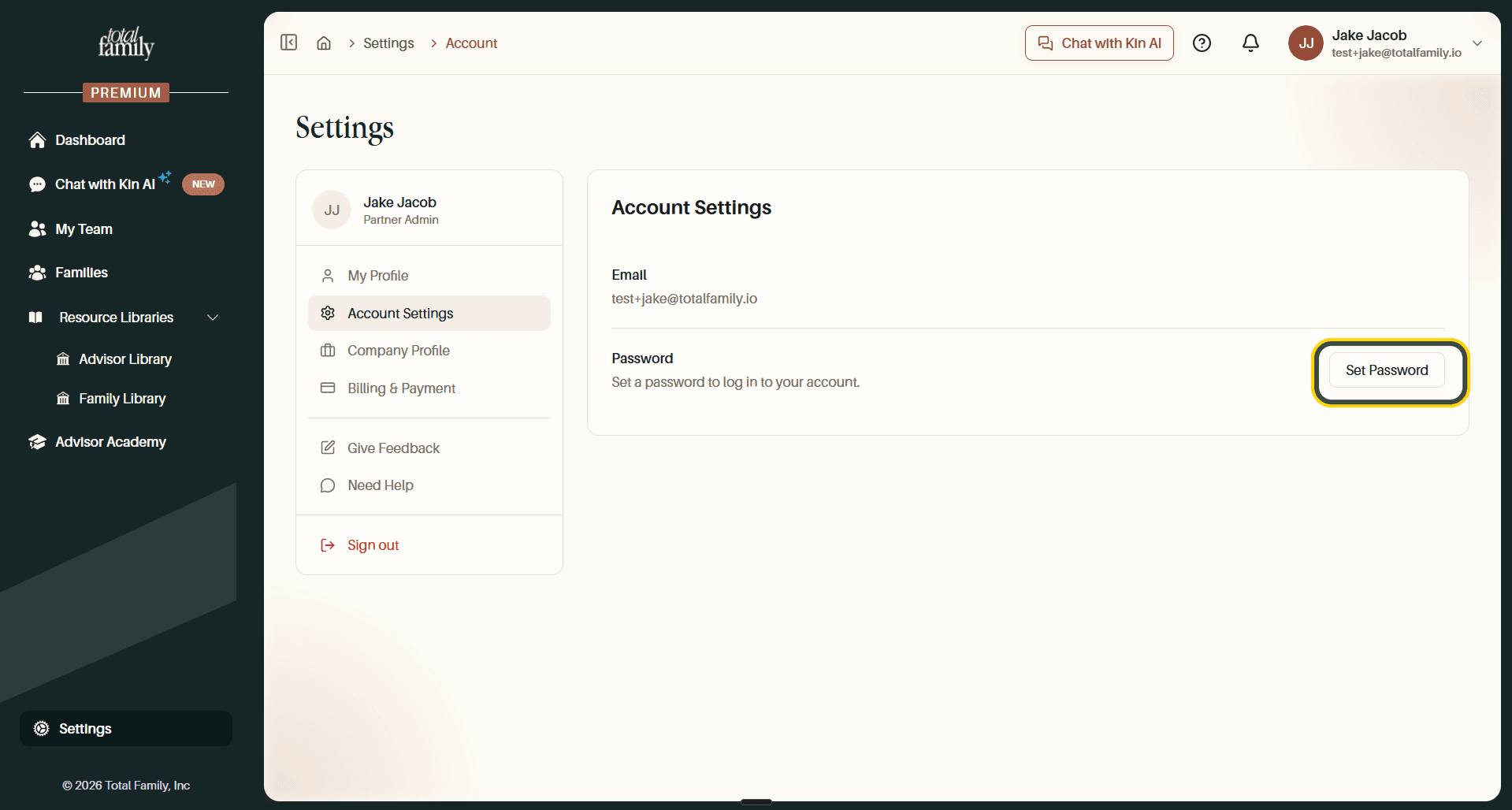 Account Settings, with the Set Password button highlighted