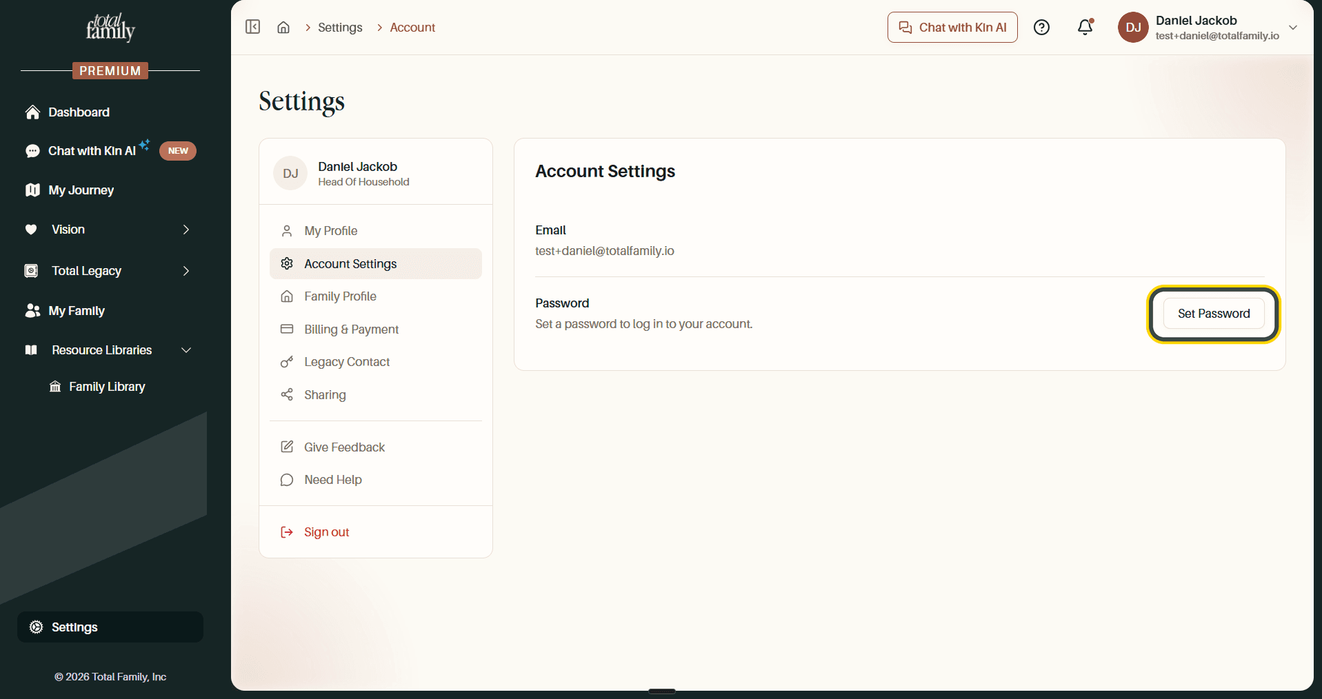 Account Settings, with the Set Password button highlighted