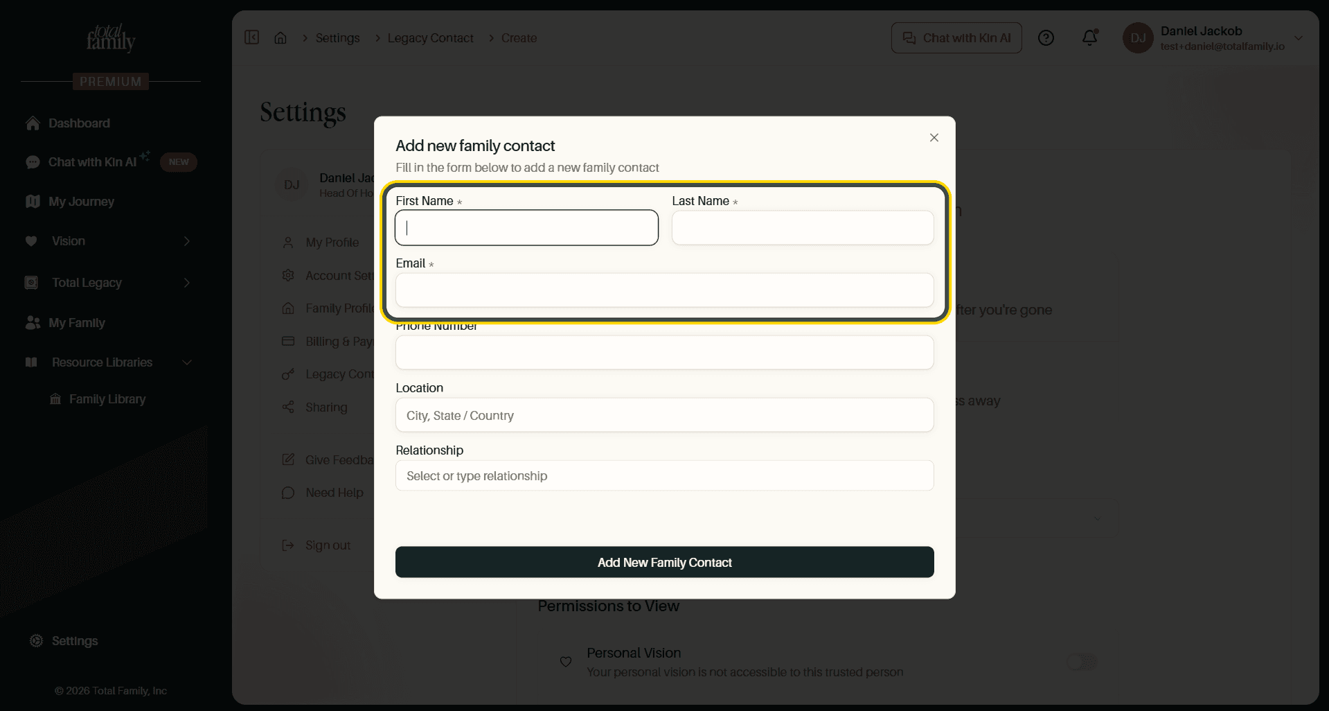 The Add new family contact form, with the required fields highlighted