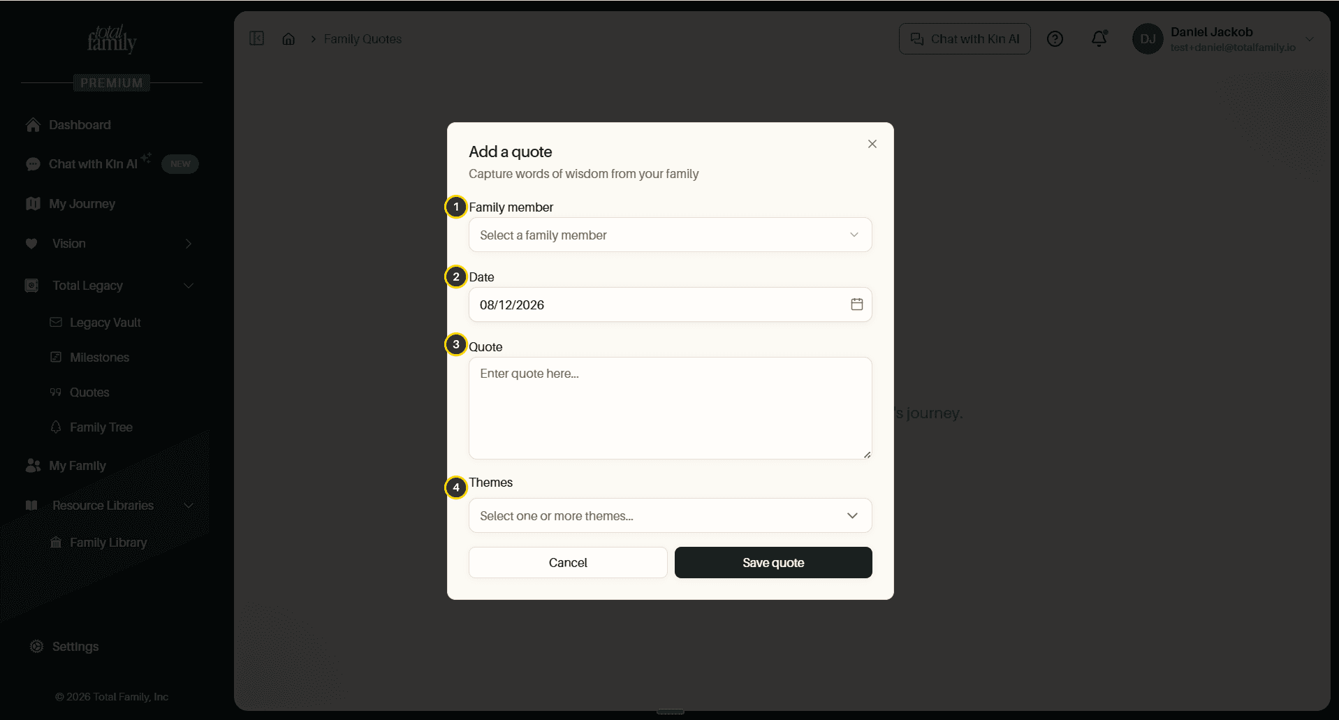 The Add a quote dialog, with its four fields numbered