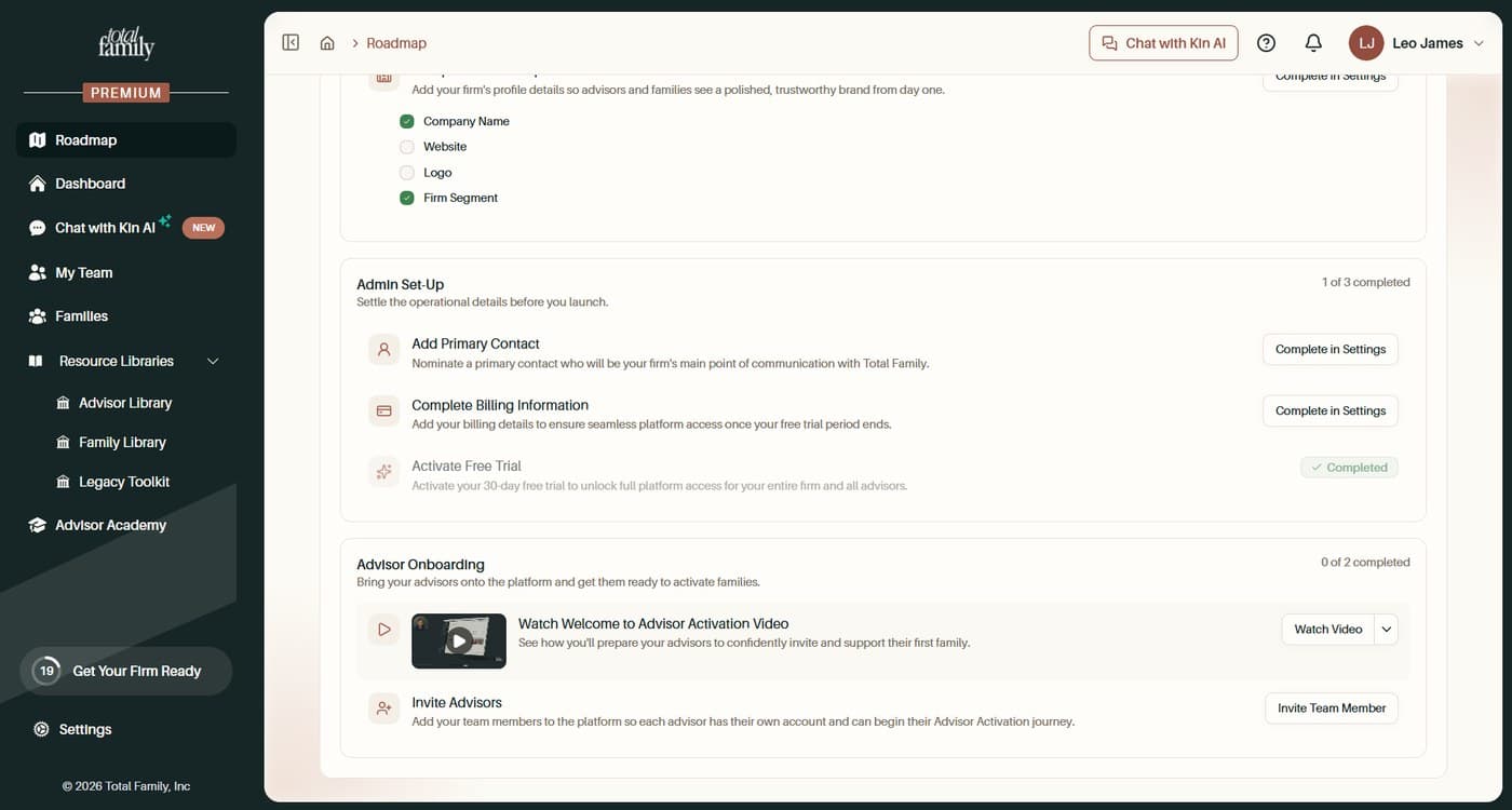 The Admin Set-Up group, with two tasks still to do and the trial already completed