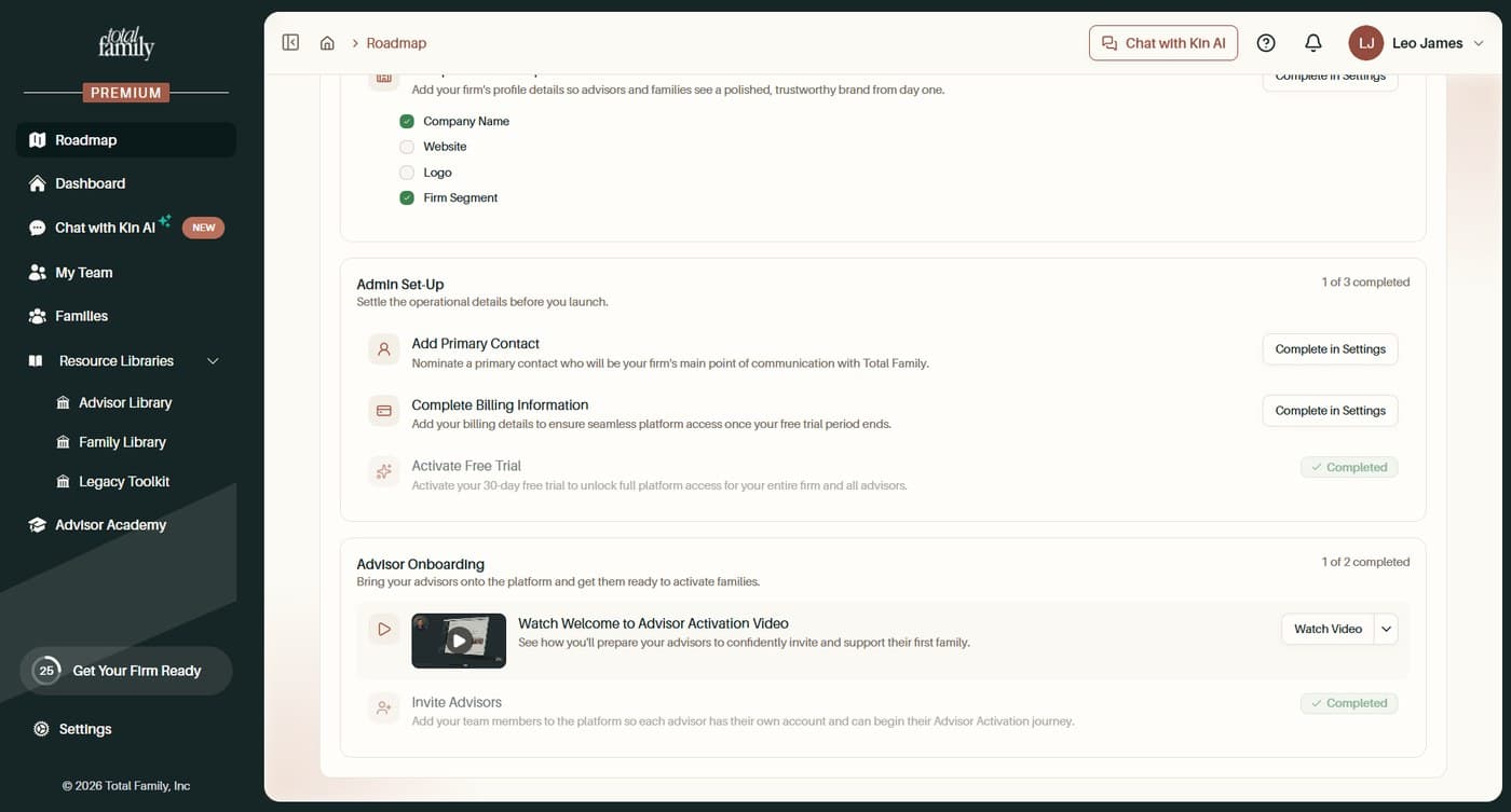 Advisor Onboarding after inviting advisors, with the task completed and the counter climbing