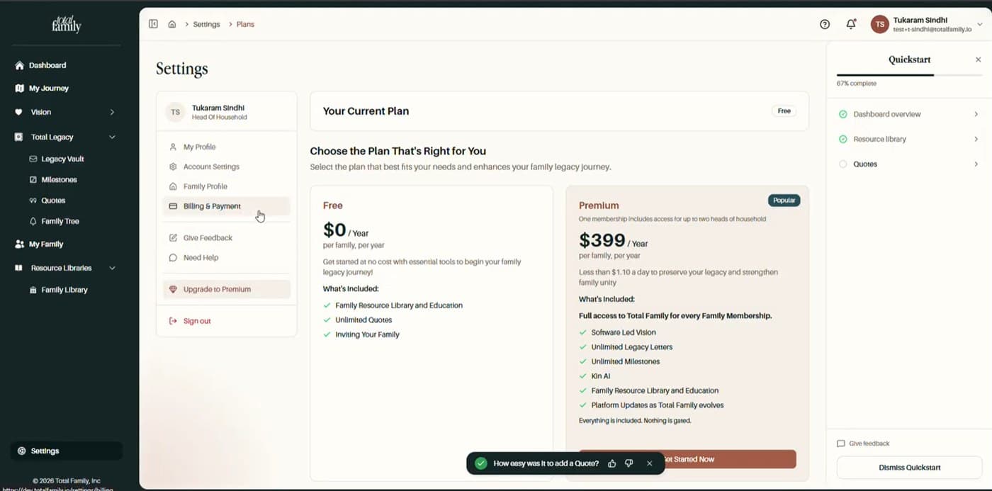 The Billing and Payment page with past and current plans