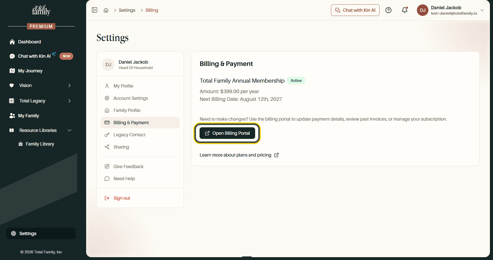 Billing & Payment, with the Open Billing Portal button highlighted