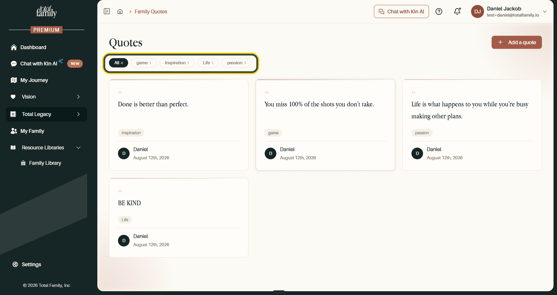 The board with several quotes and their theme filters