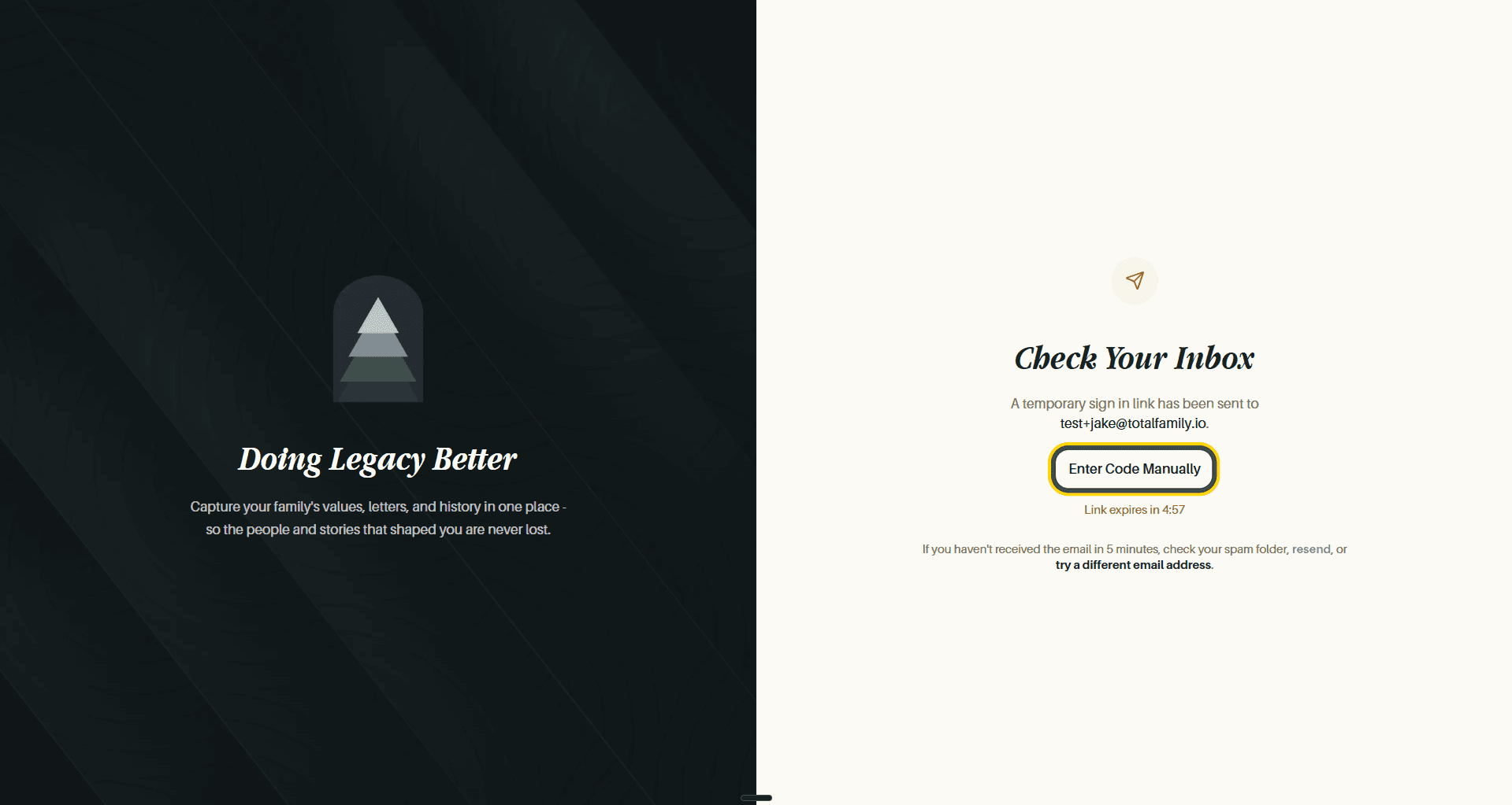 The Check Your Inbox screen, with Enter Code Manually highlighted
