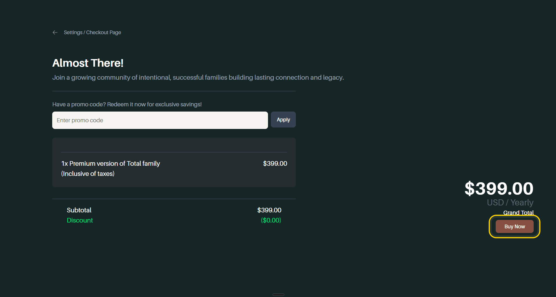 The checkout page, with the Buy Now button highlighted
