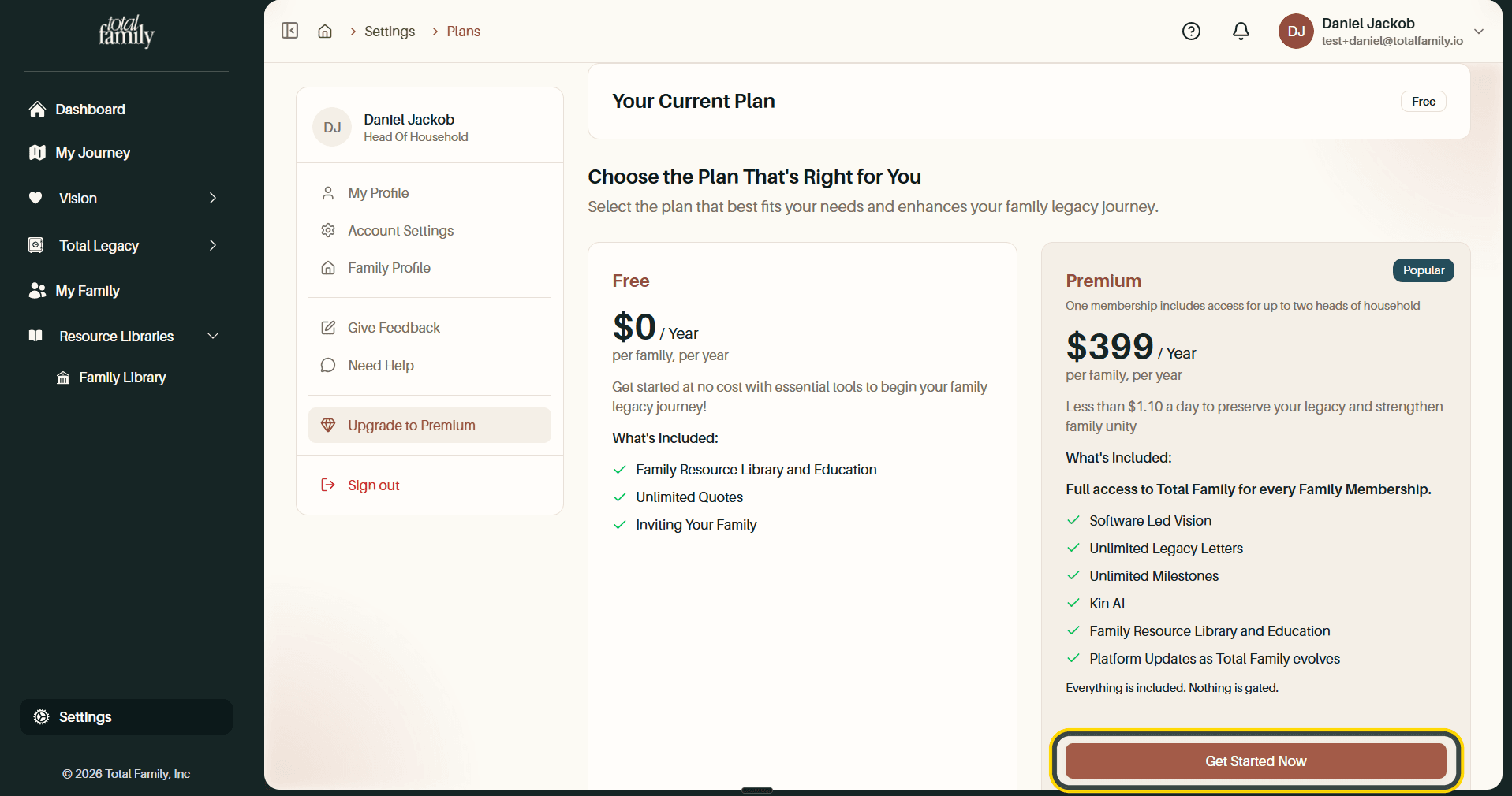 The Plans page, with the Get Started Now button highlighted
