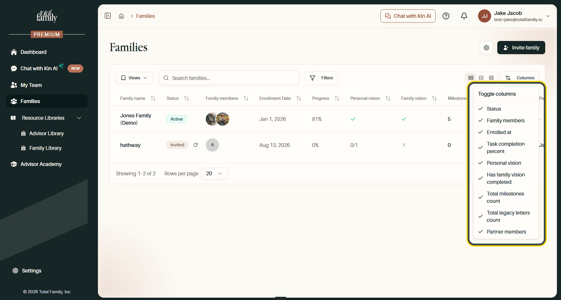 The Toggle columns menu