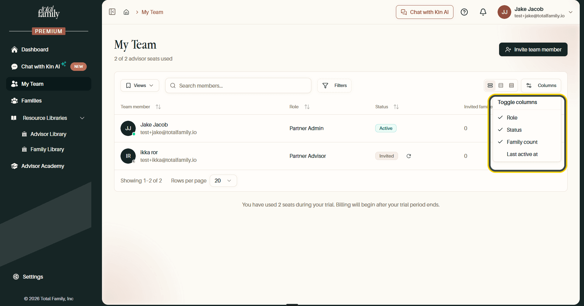 The Toggle columns menu
