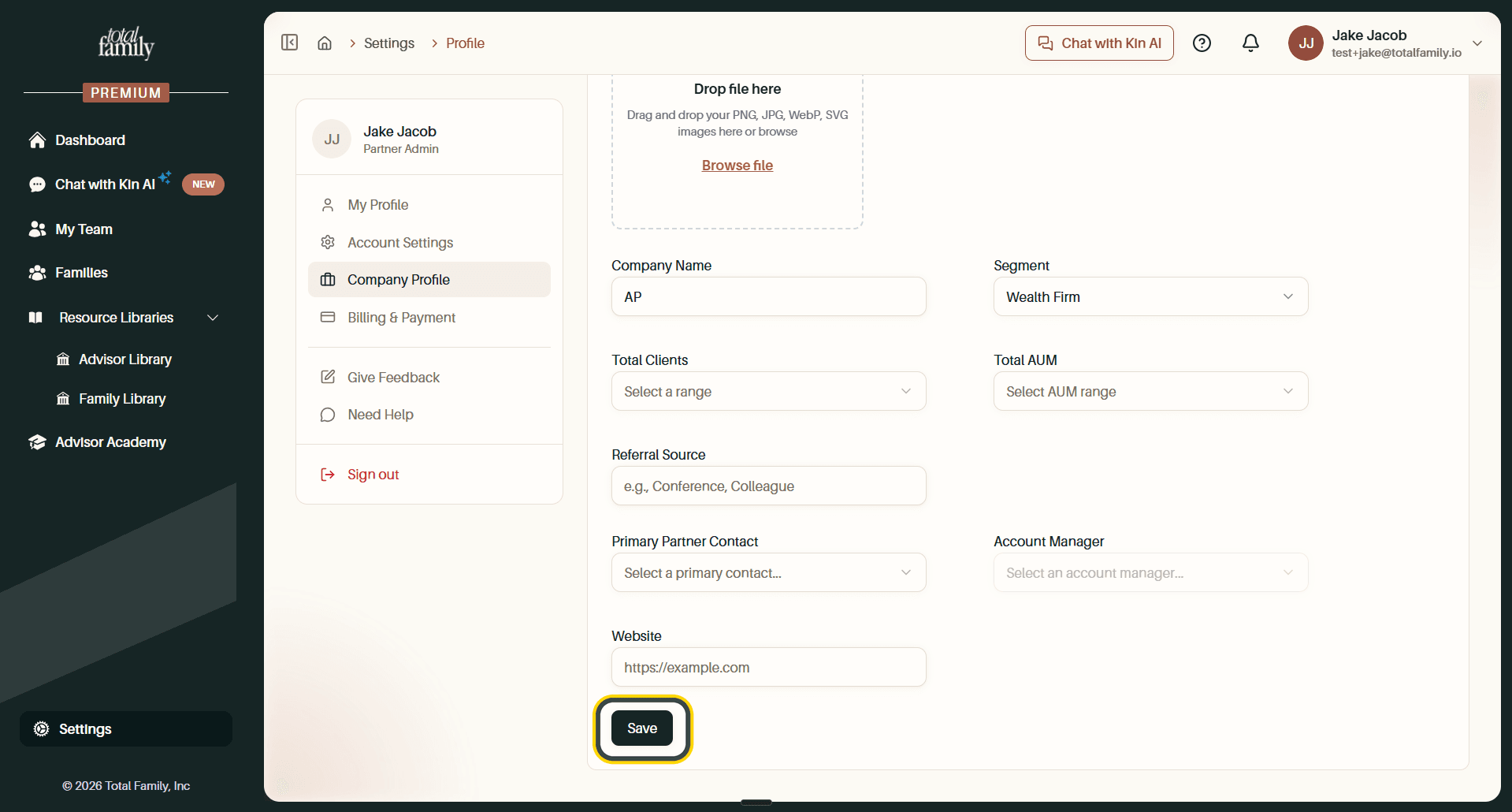 The remaining company fields, with the Save button highlighted