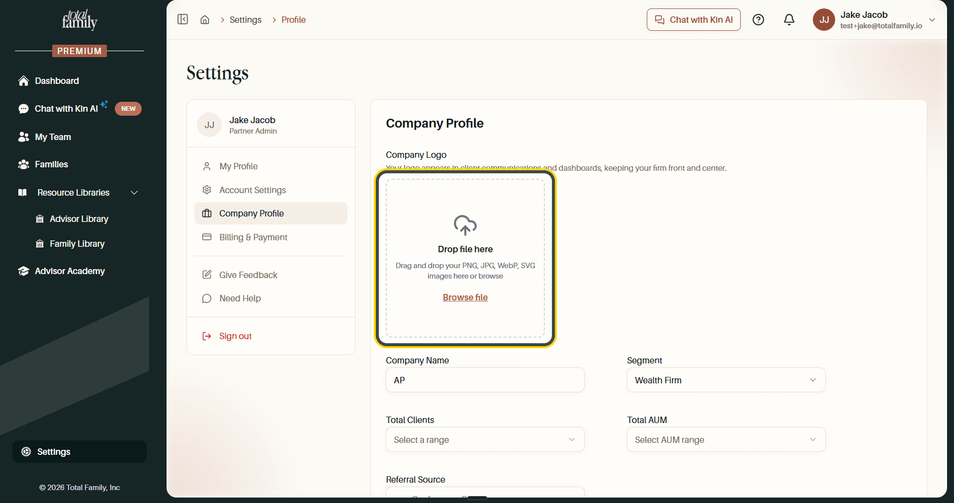 The Company Profile section, with the logo upload highlighted