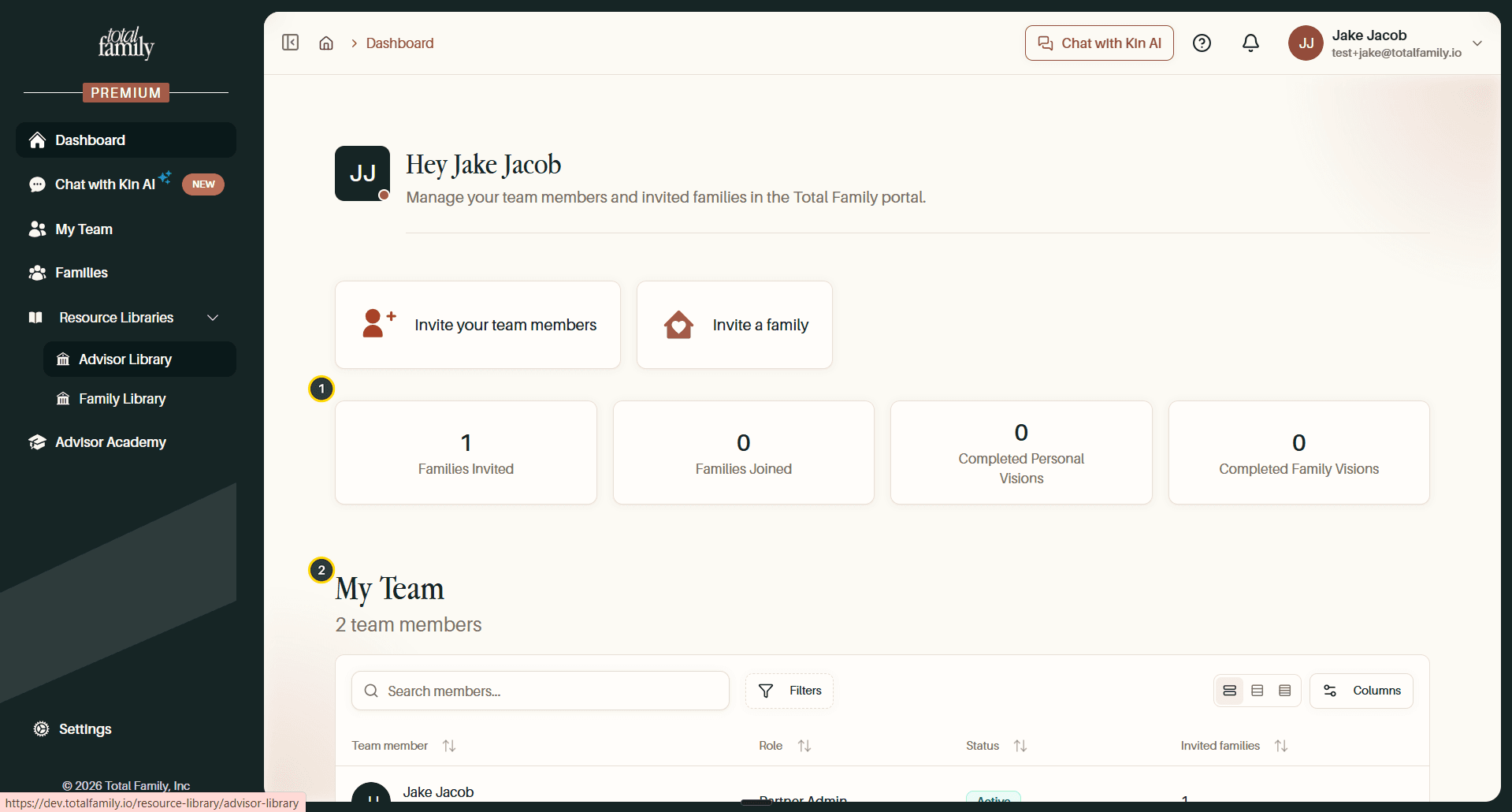 The dashboard after inviting a family, with the affected counters numbered