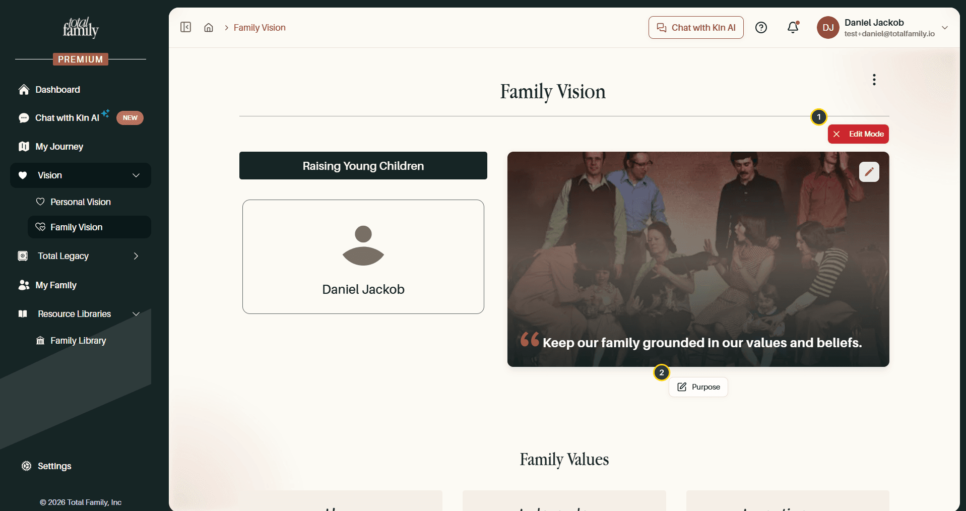 The vision page in Edit Mode, with the mode indicator and a section edit button numbered