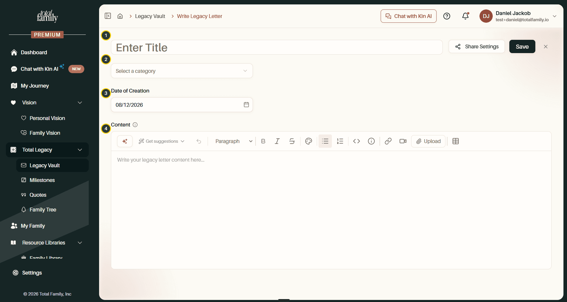 The blank Write Legacy Letter screen, with its four fields numbered