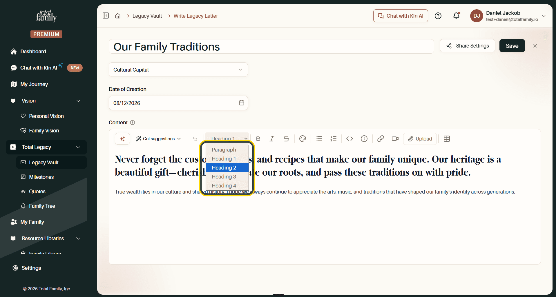 The heading dropdown open in the editor toolbar