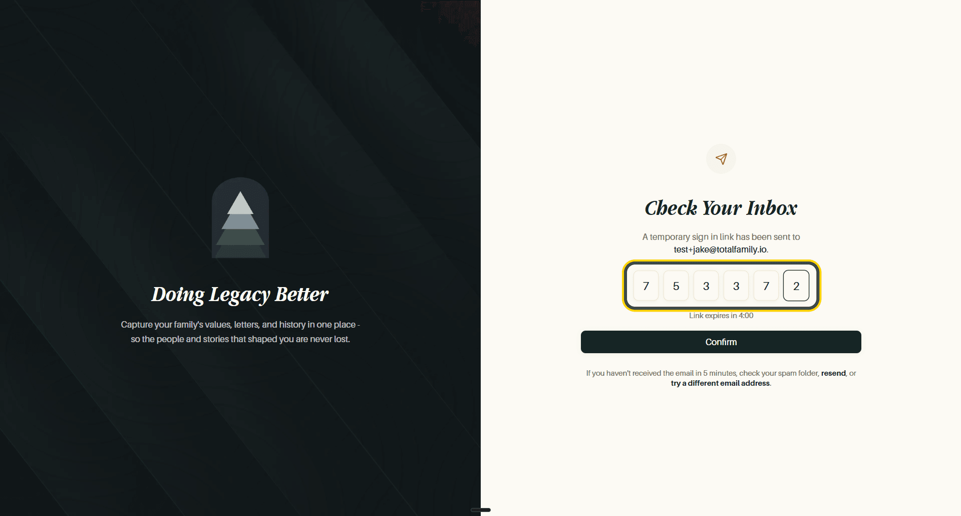 The code entry screen with the six digits filled in