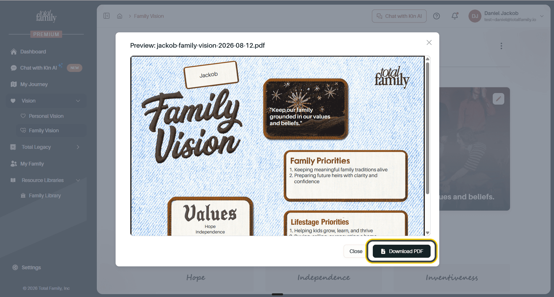 The PDF preview, with the Download PDF button highlighted