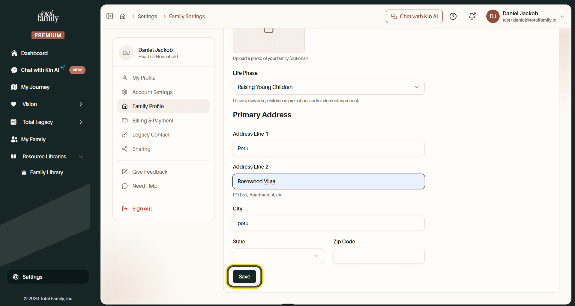 The address fields and the Save button highlighted