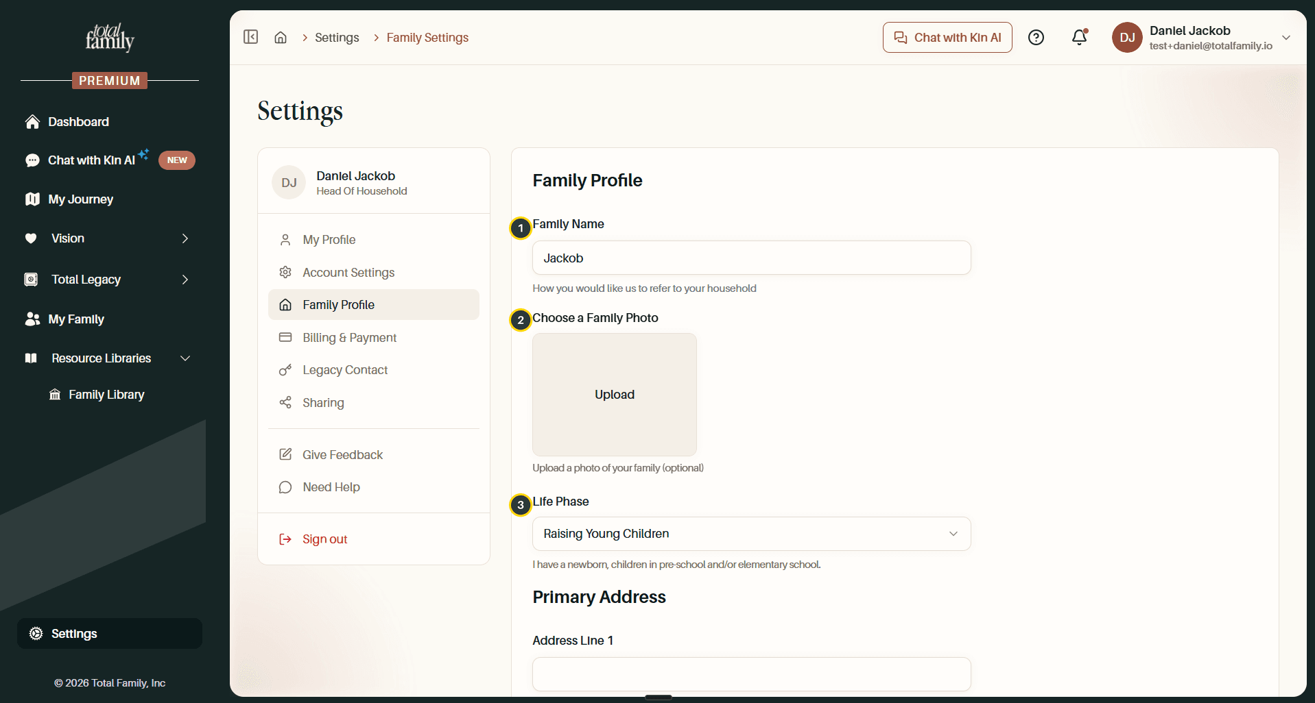 The Family Profile section, with its fields numbered