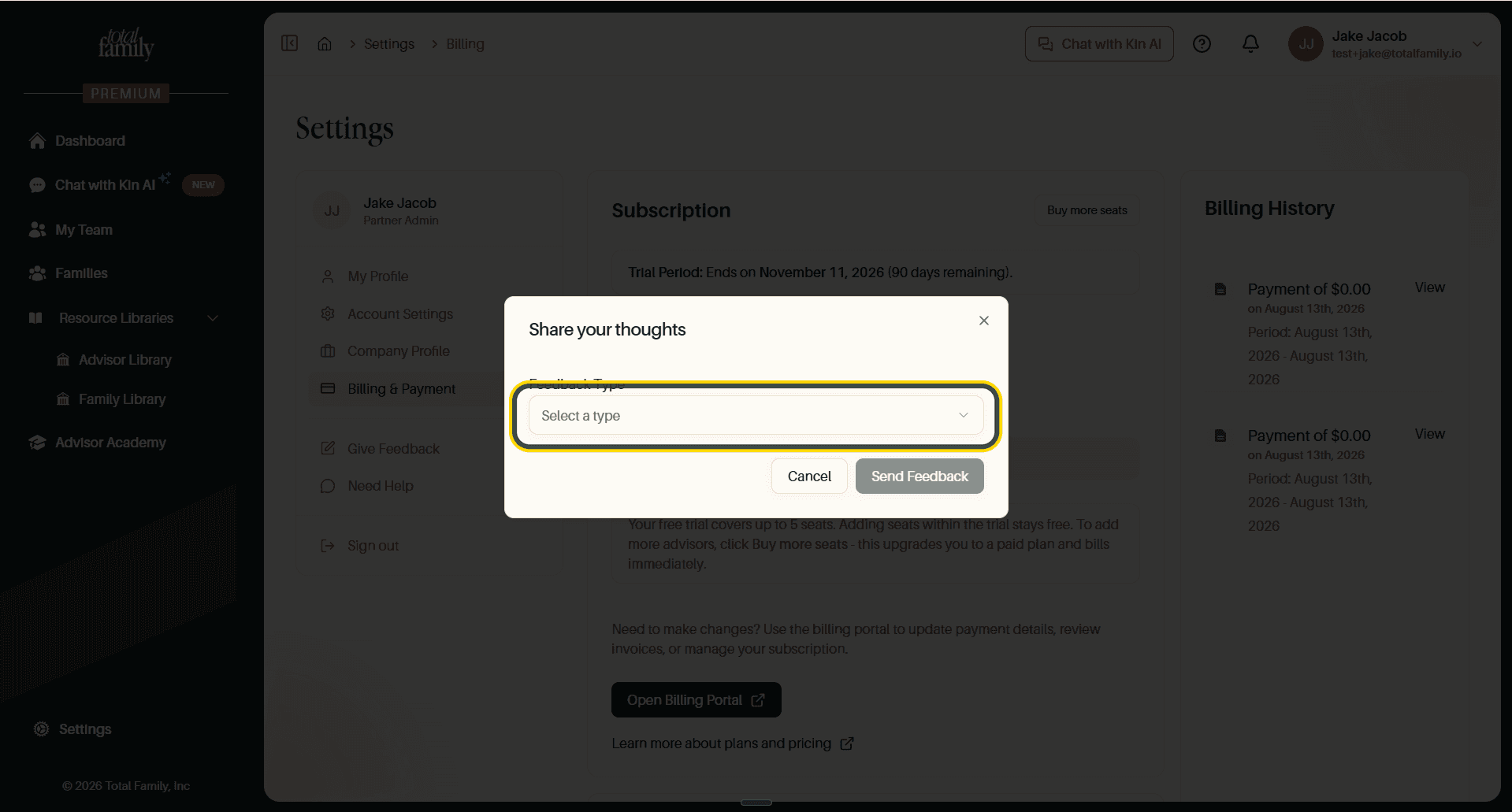 The feedback dialog before a type is chosen