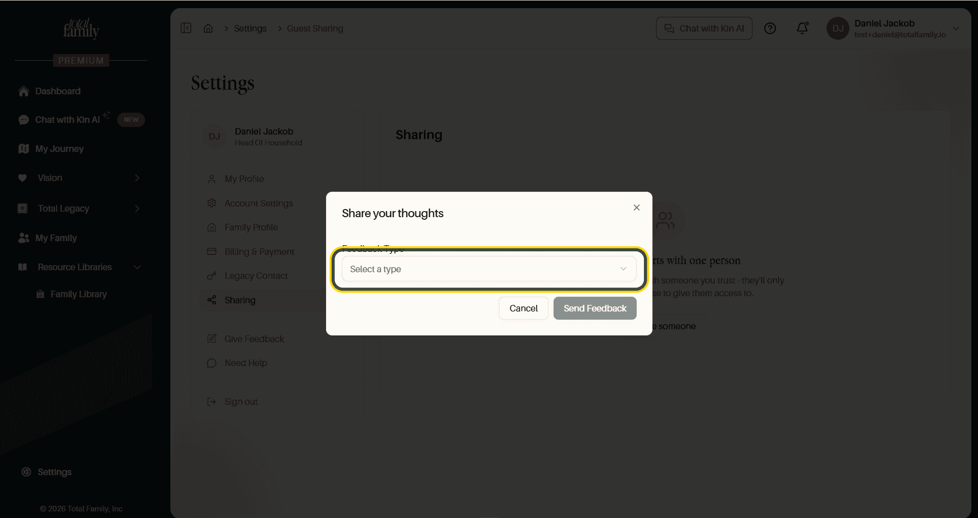 The feedback dialog before a type is chosen