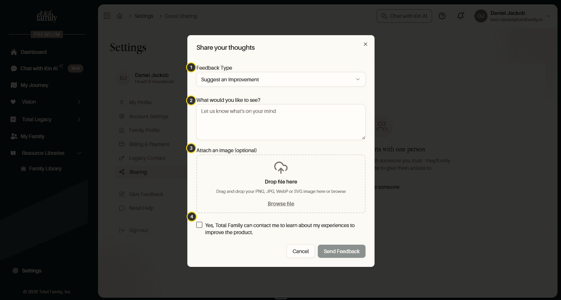 The completed feedback form, with its fields numbered