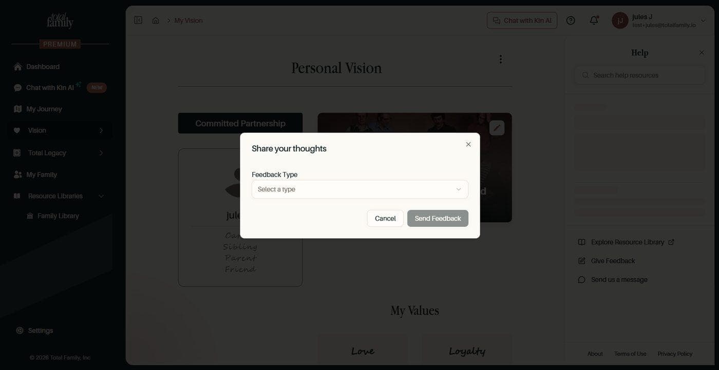The feedback form in the help panel