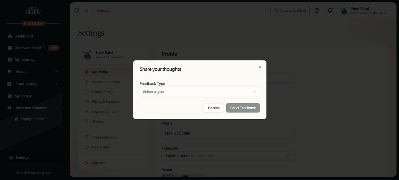 The Share your thoughts form open over the settings page