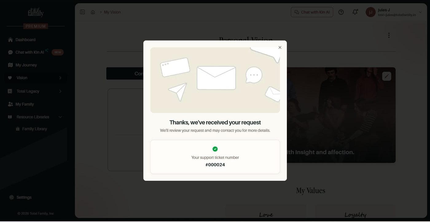The confirmation, with a support ticket number