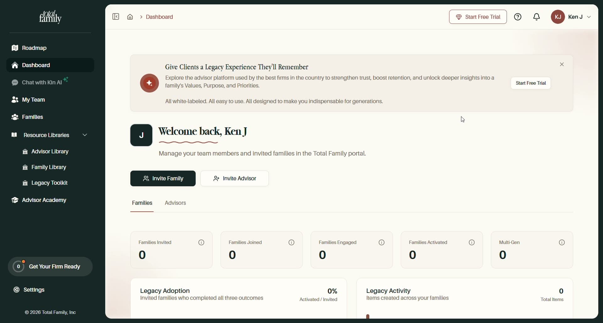 The dashboard of a free firm account, with Start Free Trial in the top bar