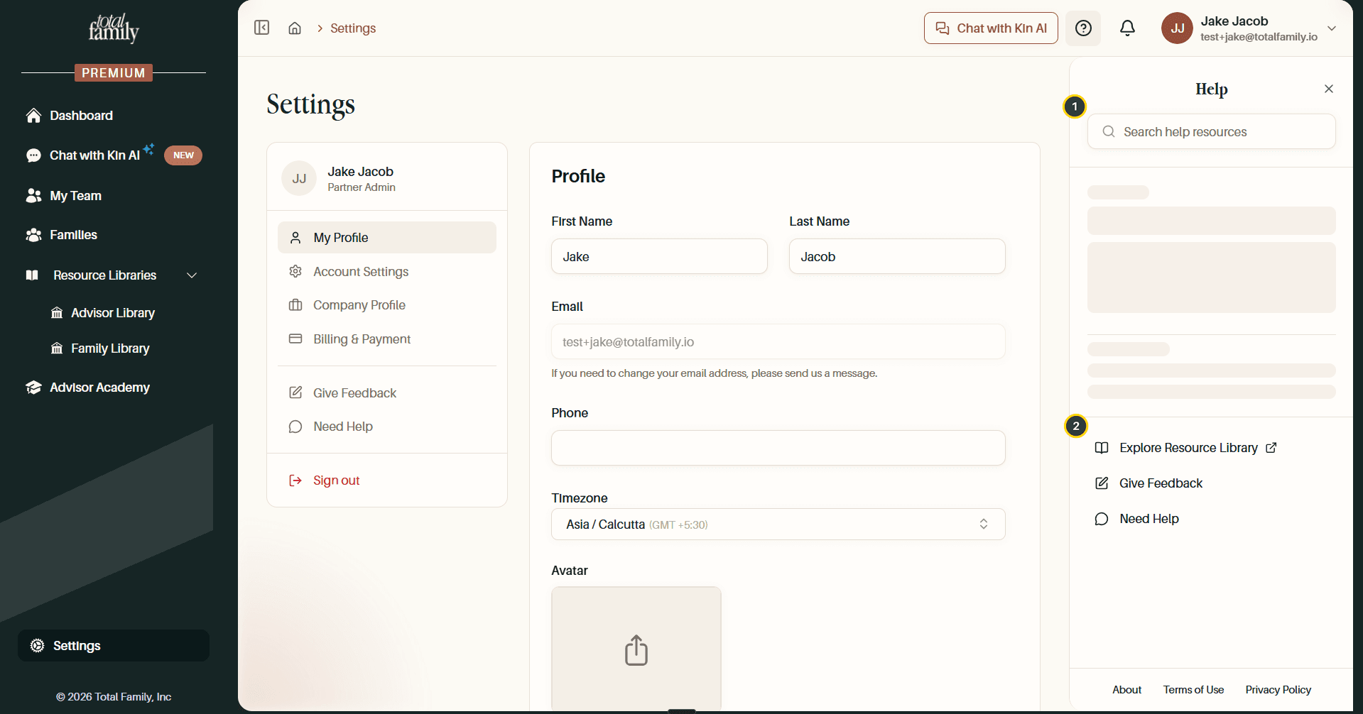 The Help panel, with the search and action links numbered