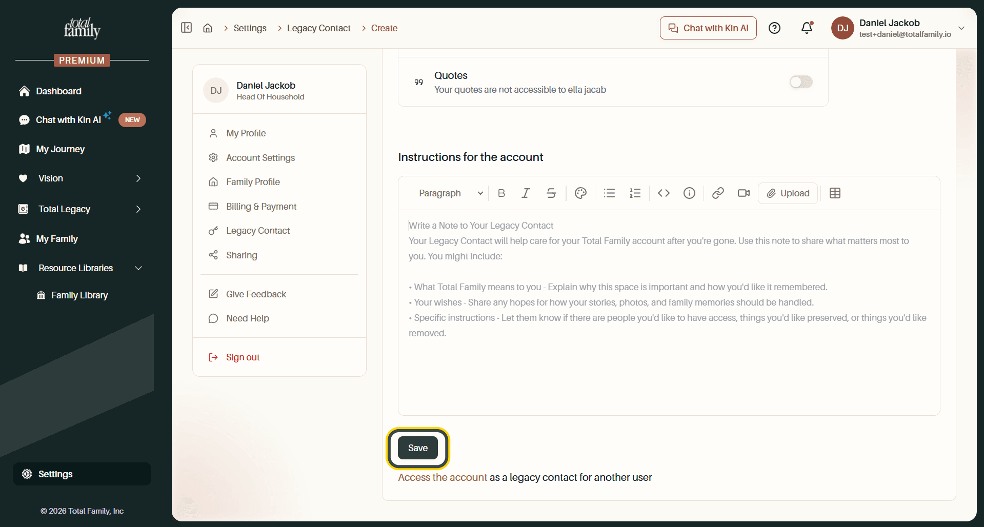The instructions editor, with the Save button highlighted
