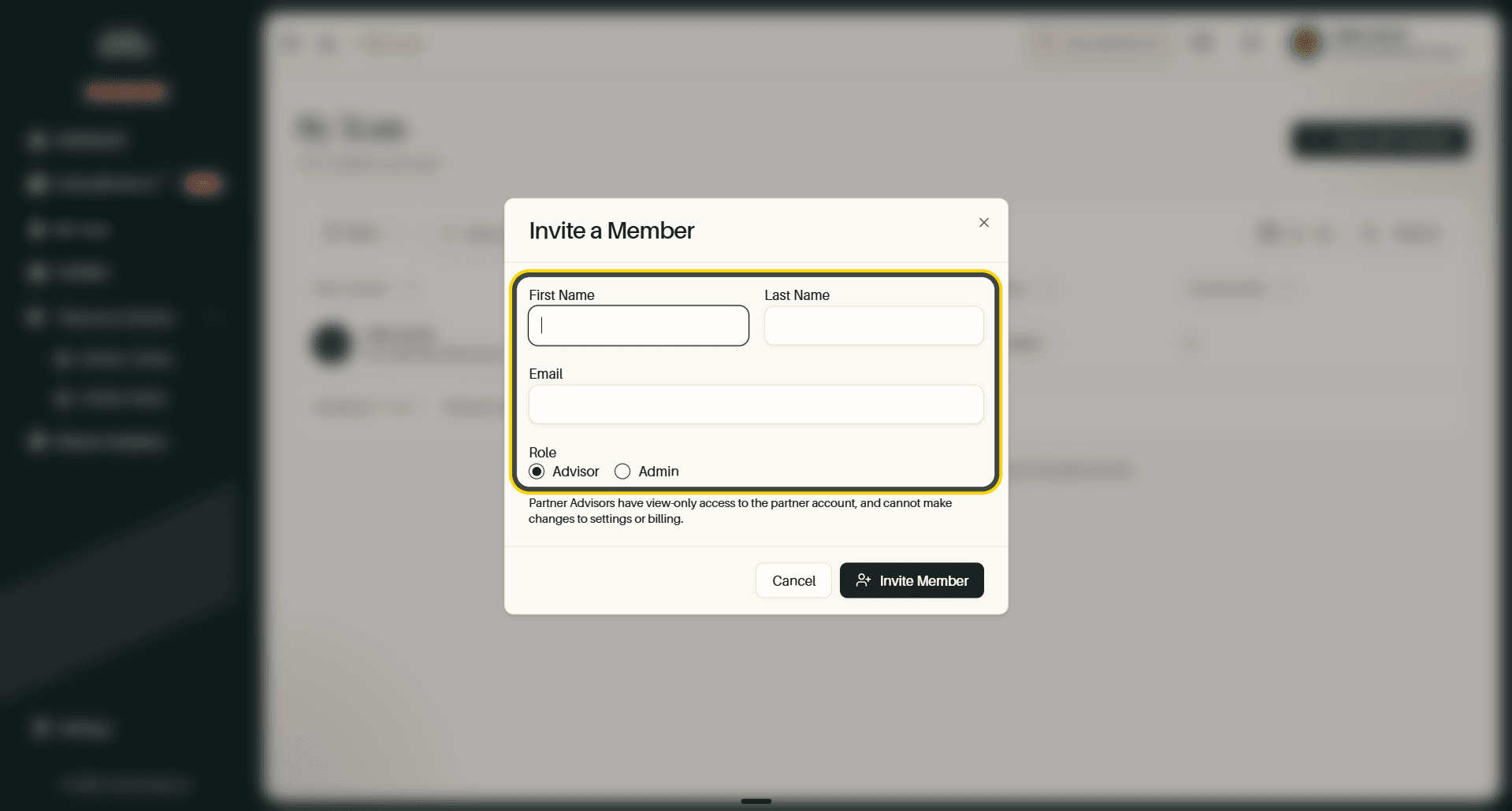 The Invite a Member dialog, with the fields highlighted