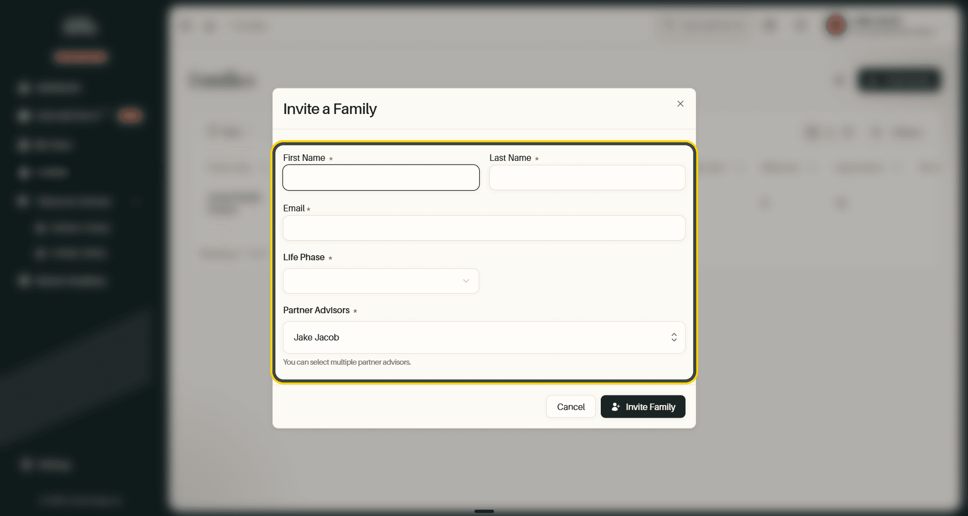 The Invite a Family dialog, with the fields highlighted