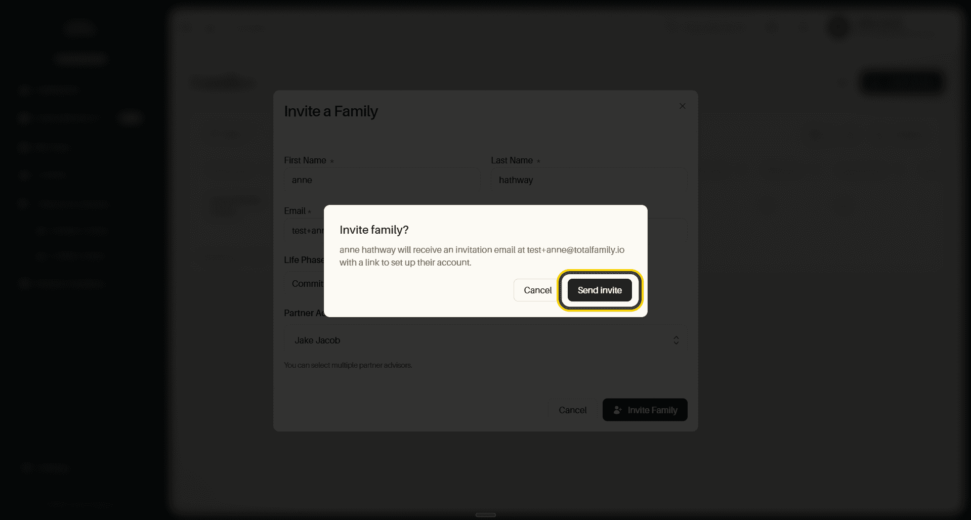The invite confirmation dialog, with the Send invite button highlighted