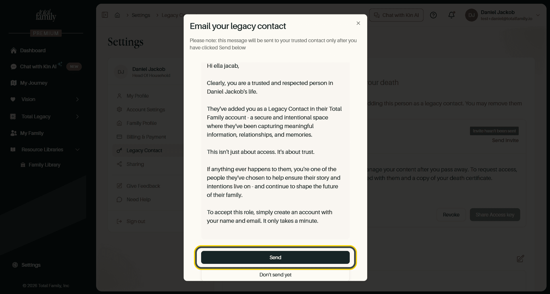 The invitation preview, with the Send button highlighted