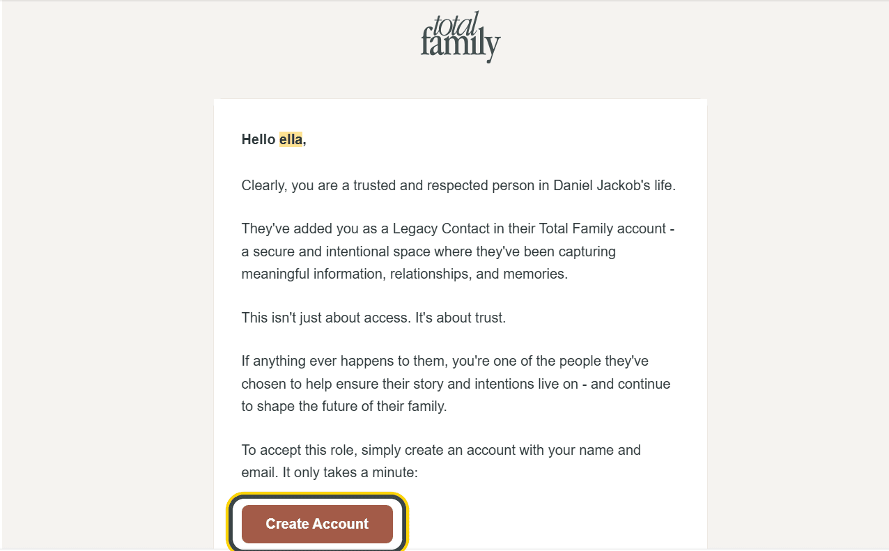 The invitation email, with the Create Account button highlighted