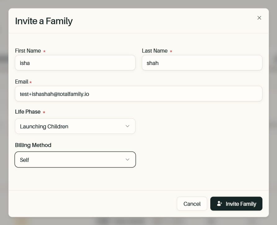 The Invite a Family form leading with head of household details
