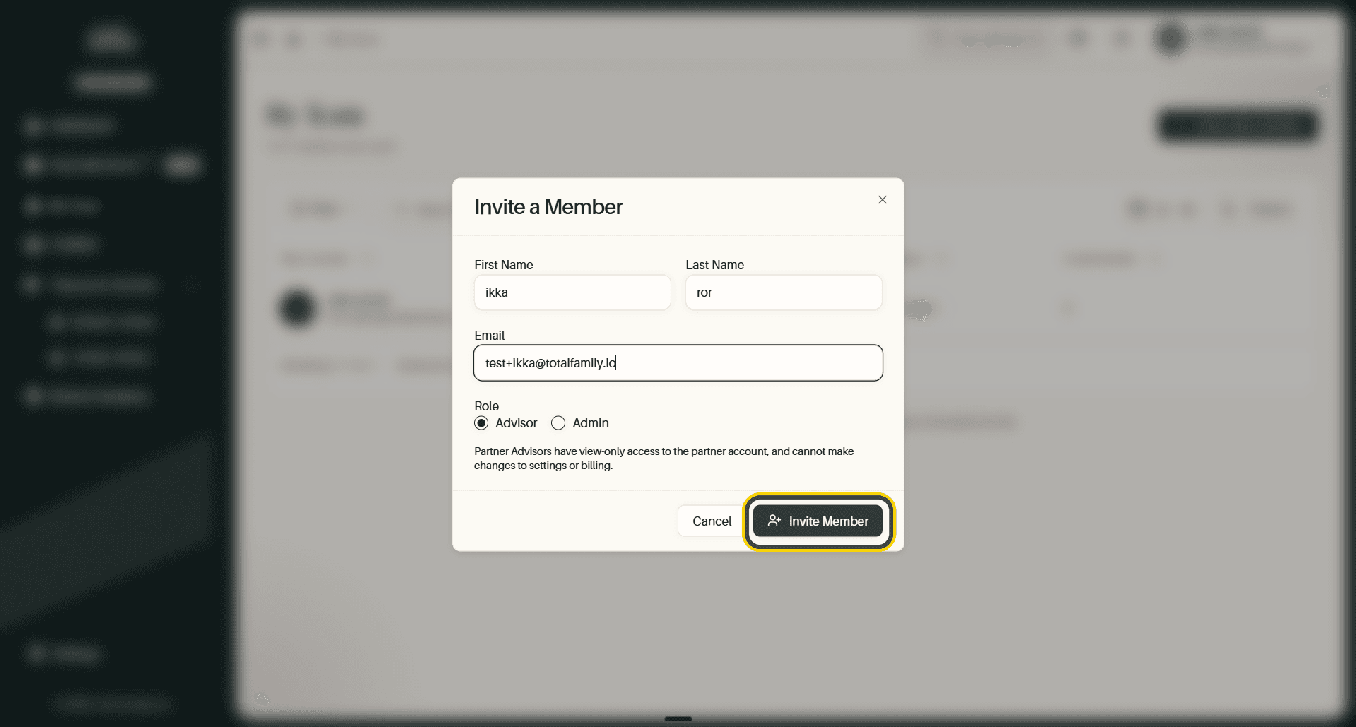 The completed invite form, with the Invite Member button highlighted