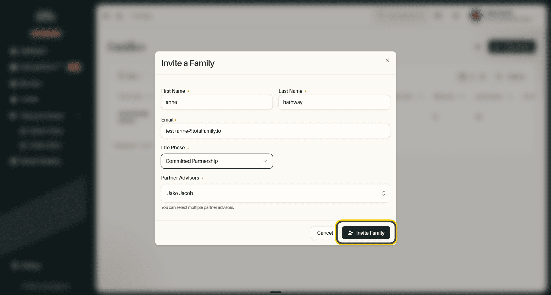 The completed invitation, with the Invite Family button highlighted