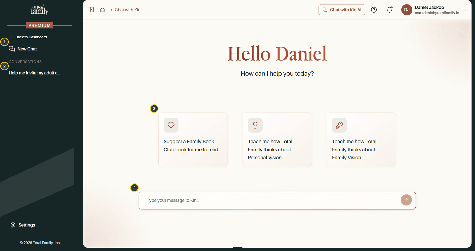 The Chat with Kin start screen, with its four areas numbered