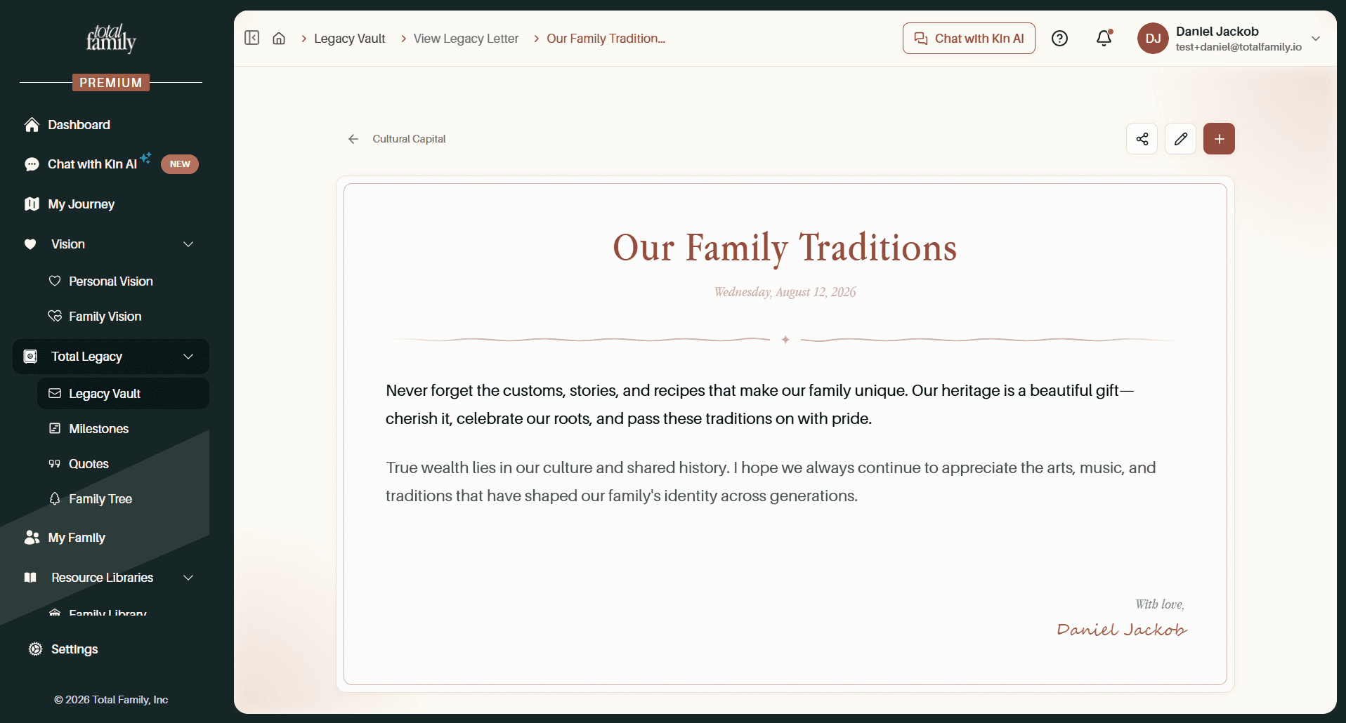 A Legacy Letter, written and saved to the vault
