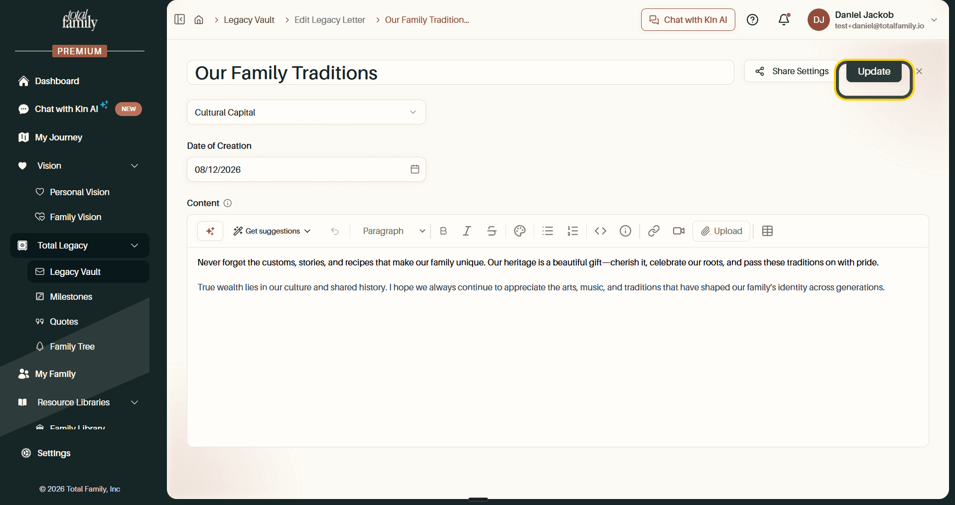 The letter reopened for editing, with the Update button highlighted