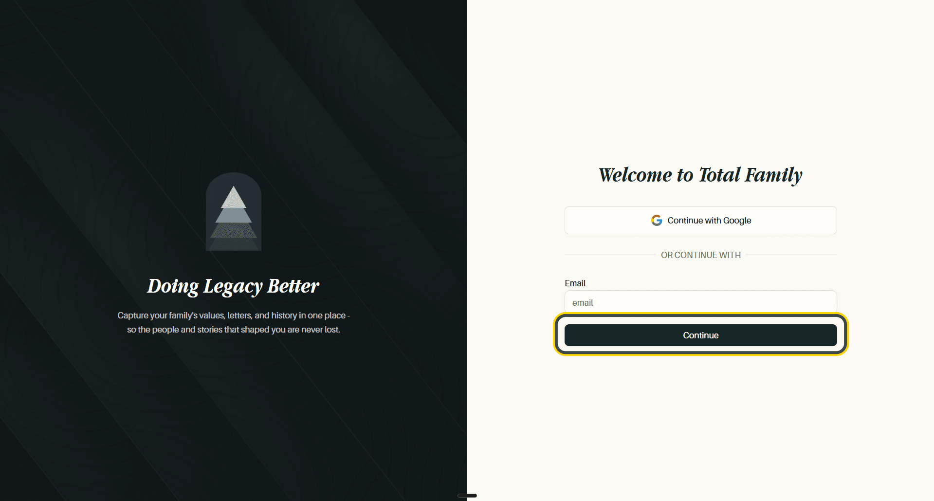 The login screen with an email address entered, and the Continue button highlighted