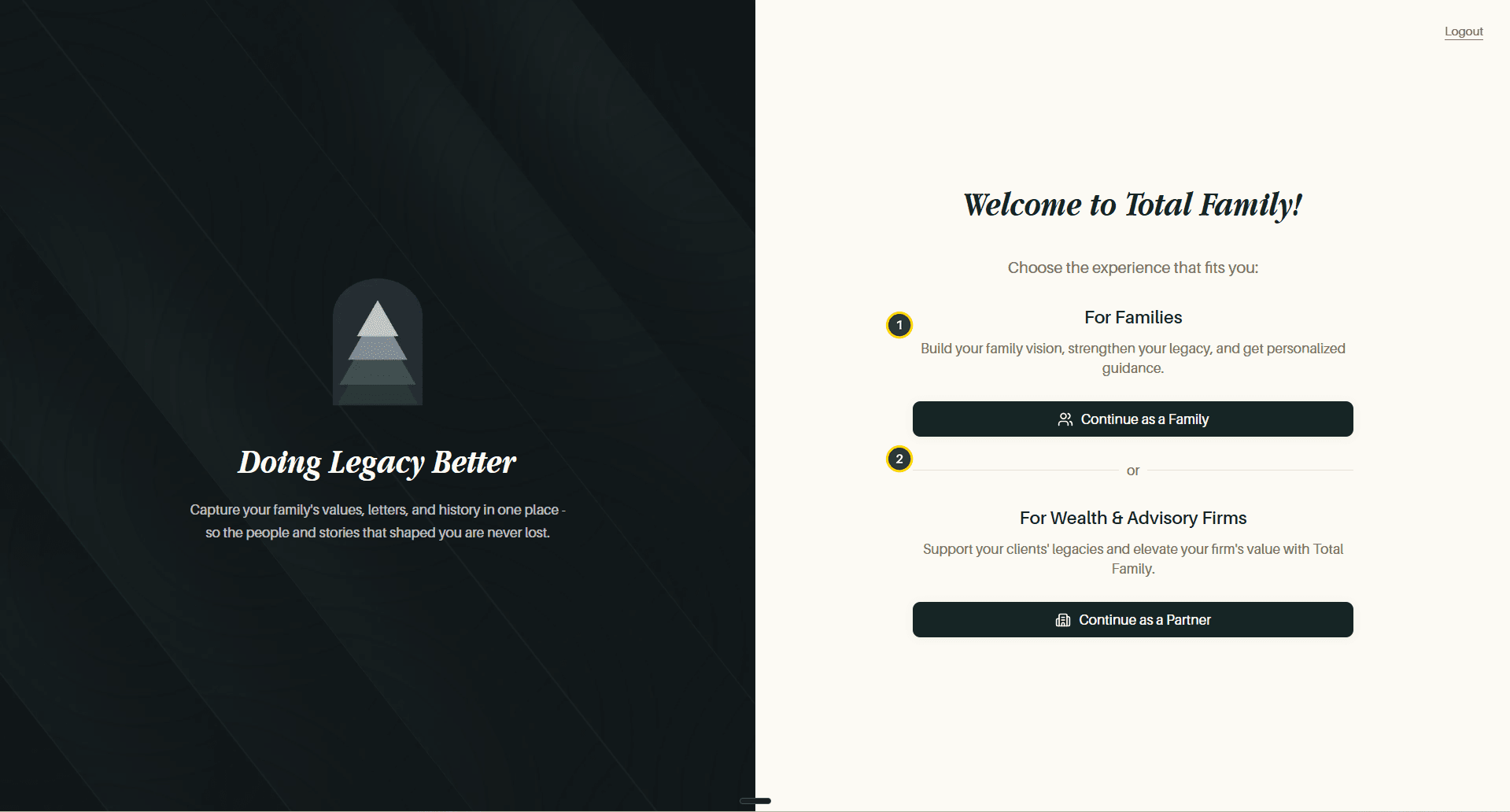 The login screen, with the two sign-in options numbered