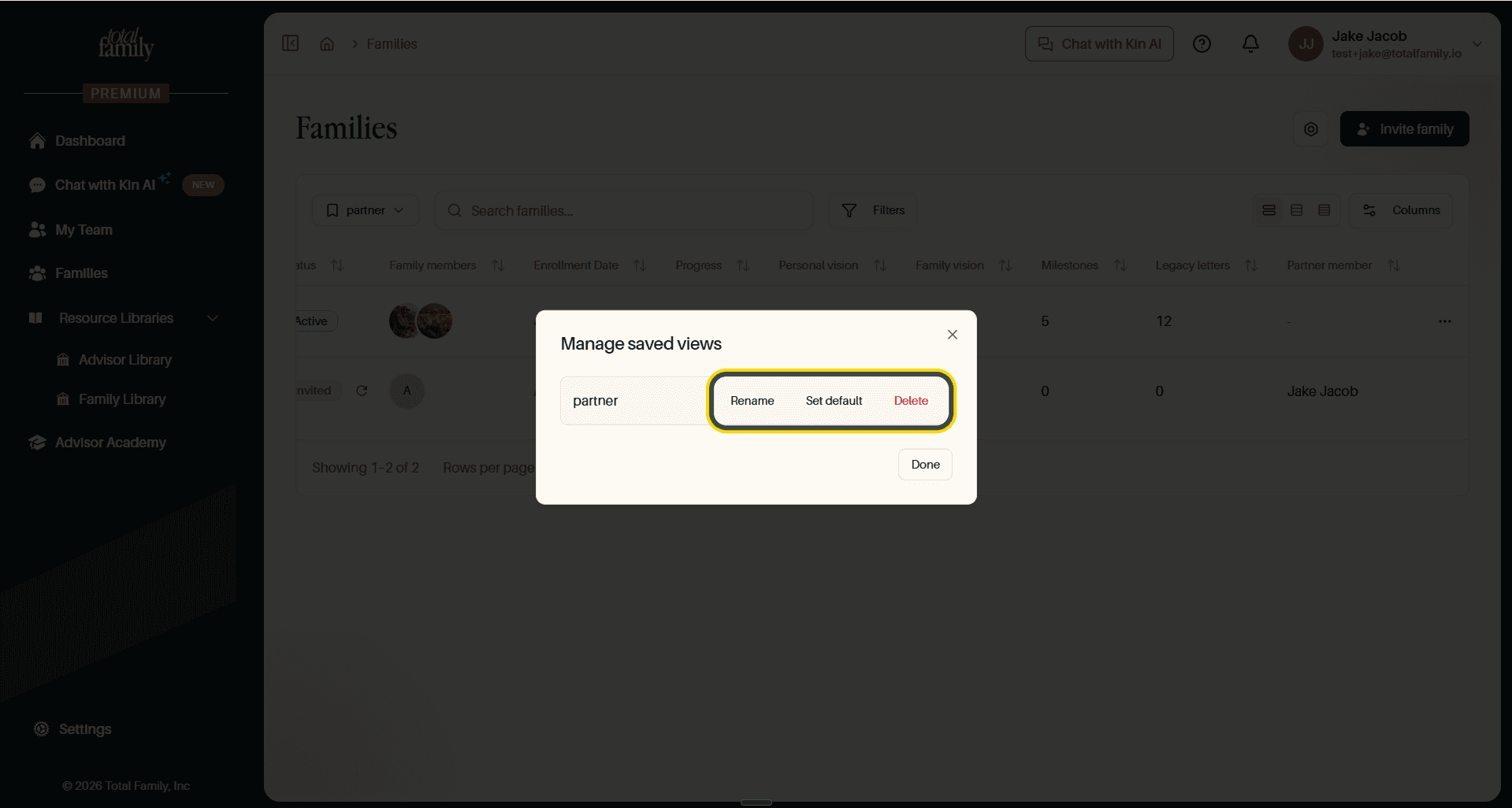 The Manage saved views dialog, with the per-view actions highlighted