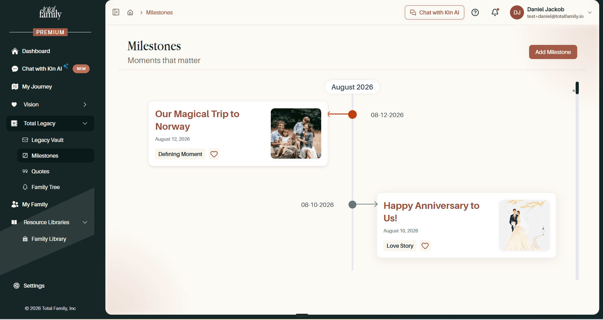 The milestones timeline, with photographs and dates
