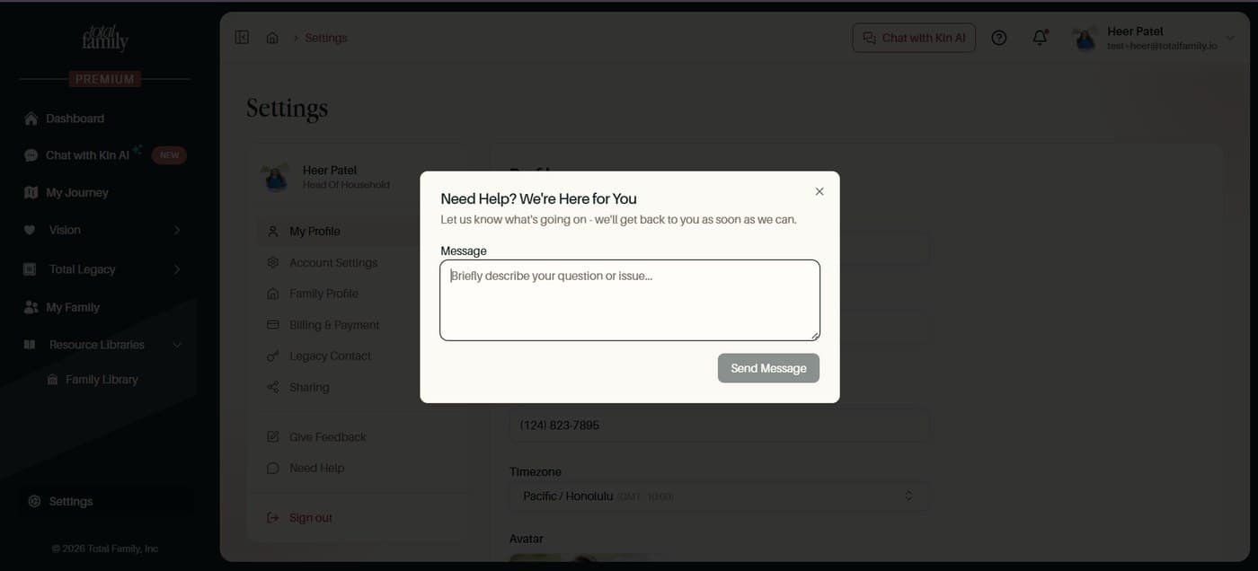 The Need Help form open over the settings page